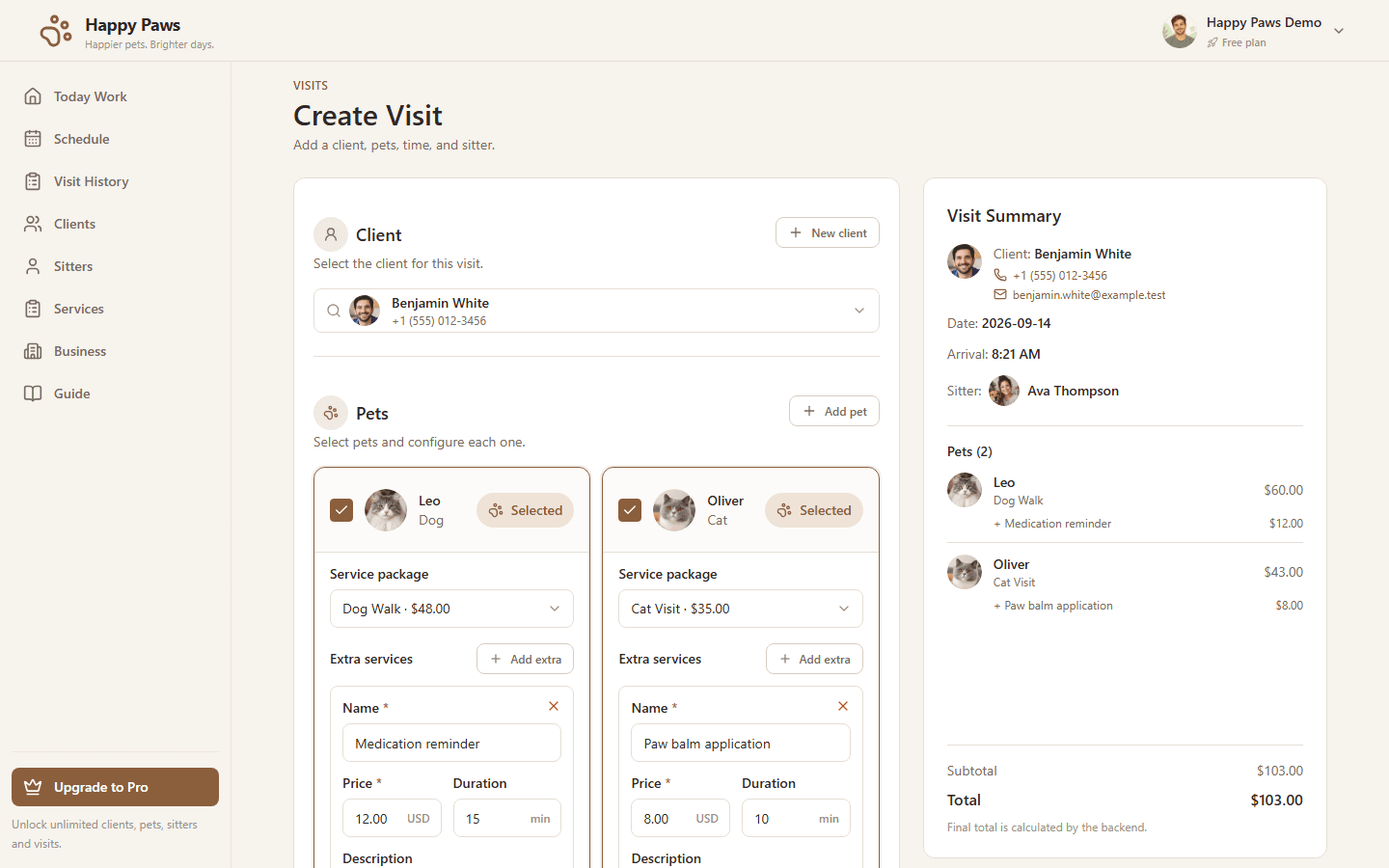 Happy Paws Create Visit screen with two pets, services, extra services and sitter assignment