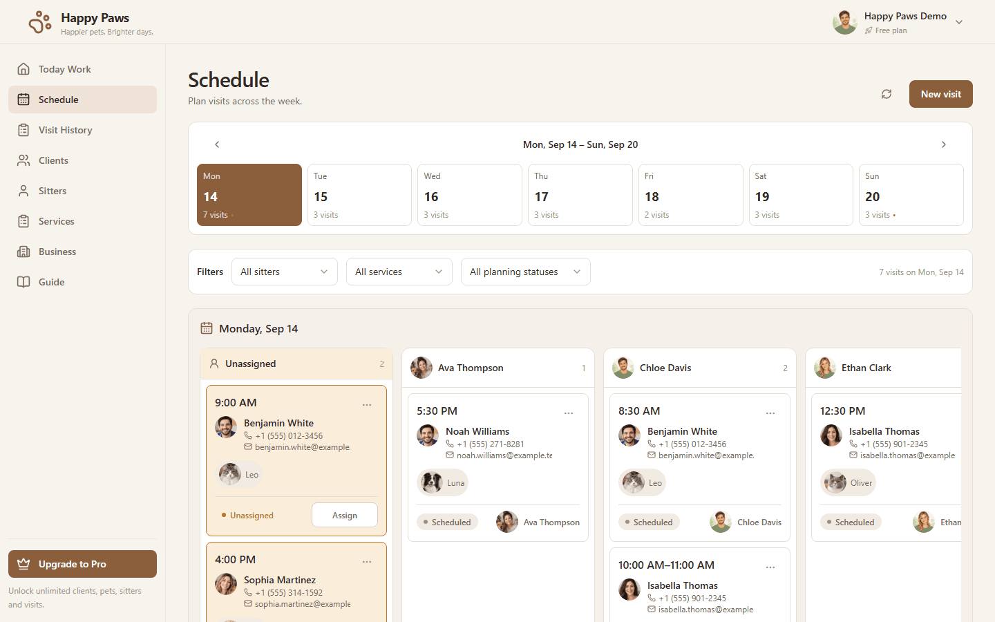 Happy Paws Schedule showing weekly planning and sitter assignments